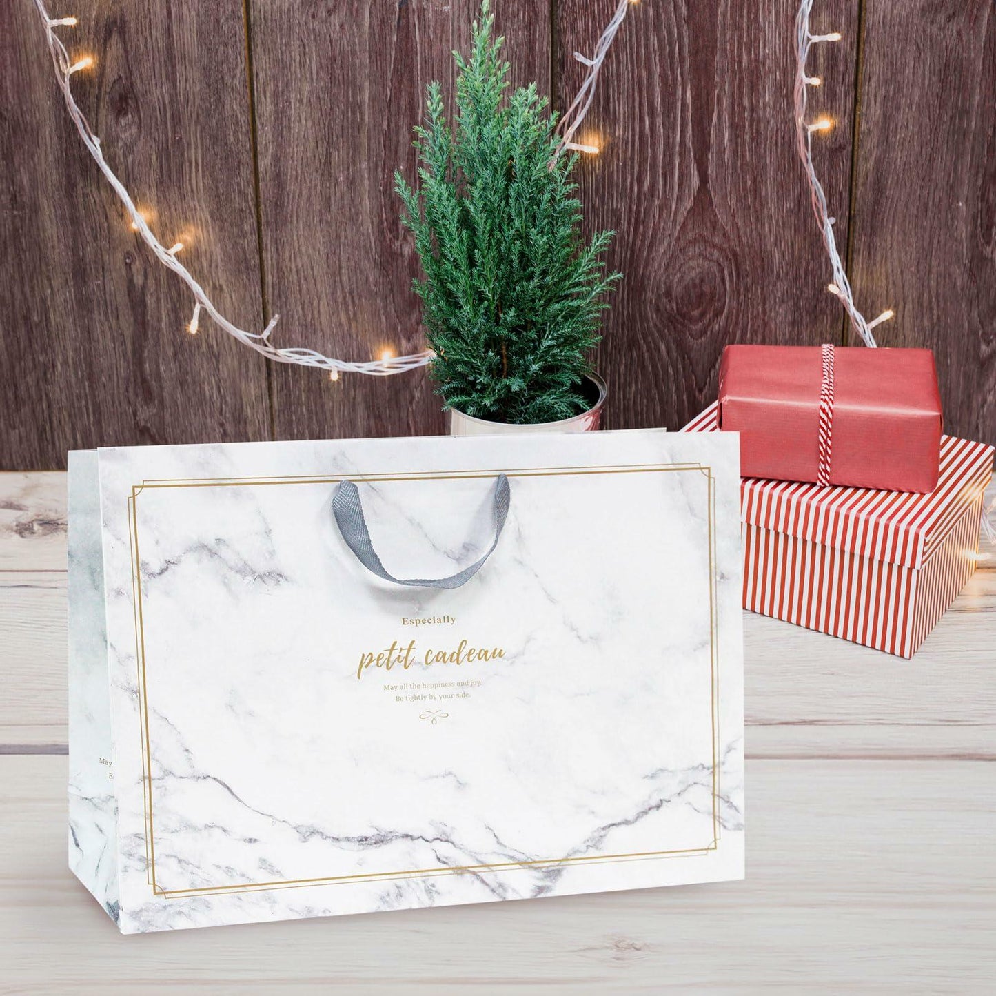 [Like New] Pomei 20 PCS Marble Paper Gift Bags Gray Handles 17.1x5.1x12.2in