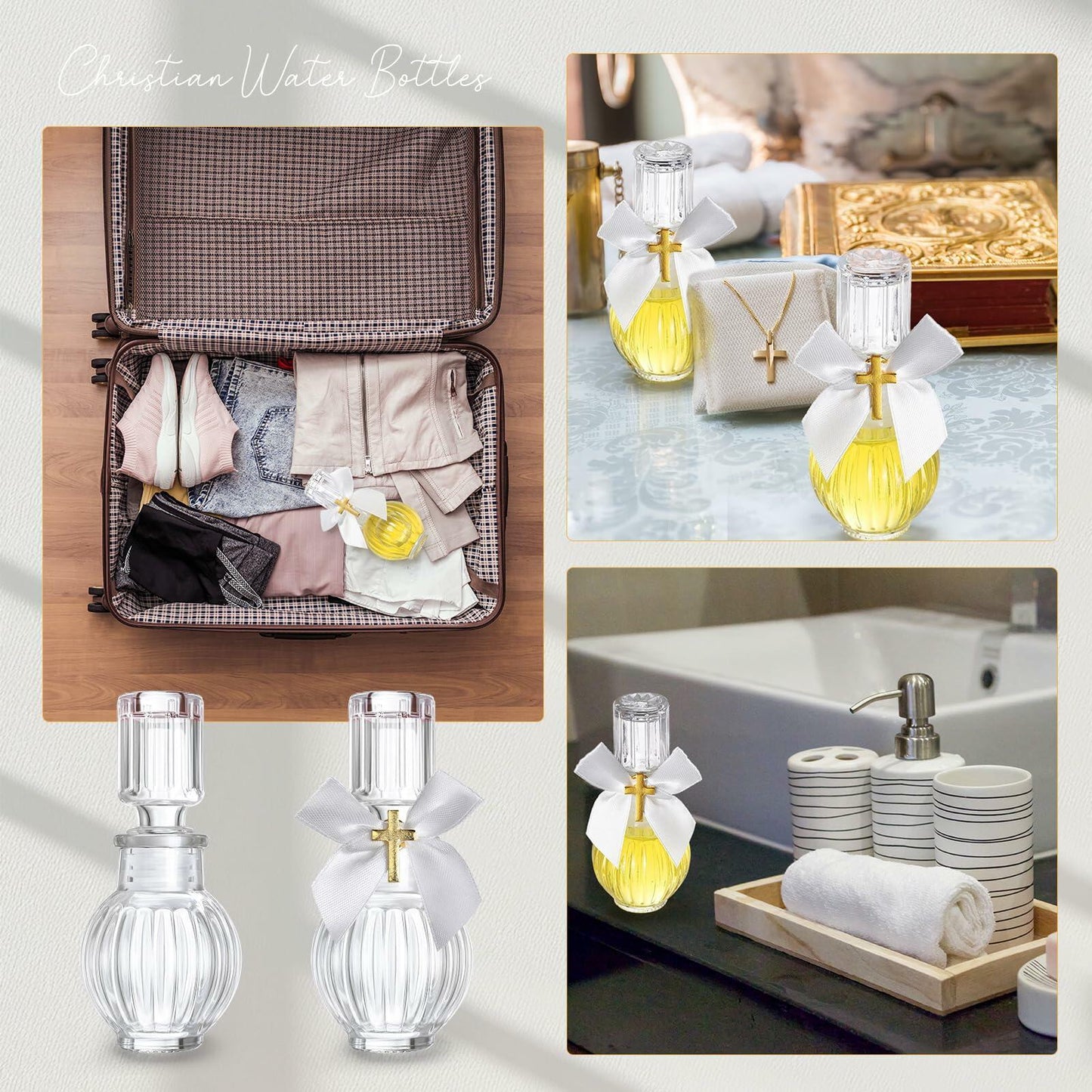 Chuangdi 10 Set Holy Catholic Water Bottles 50ml Glass Cross Pin Ribbon Classic