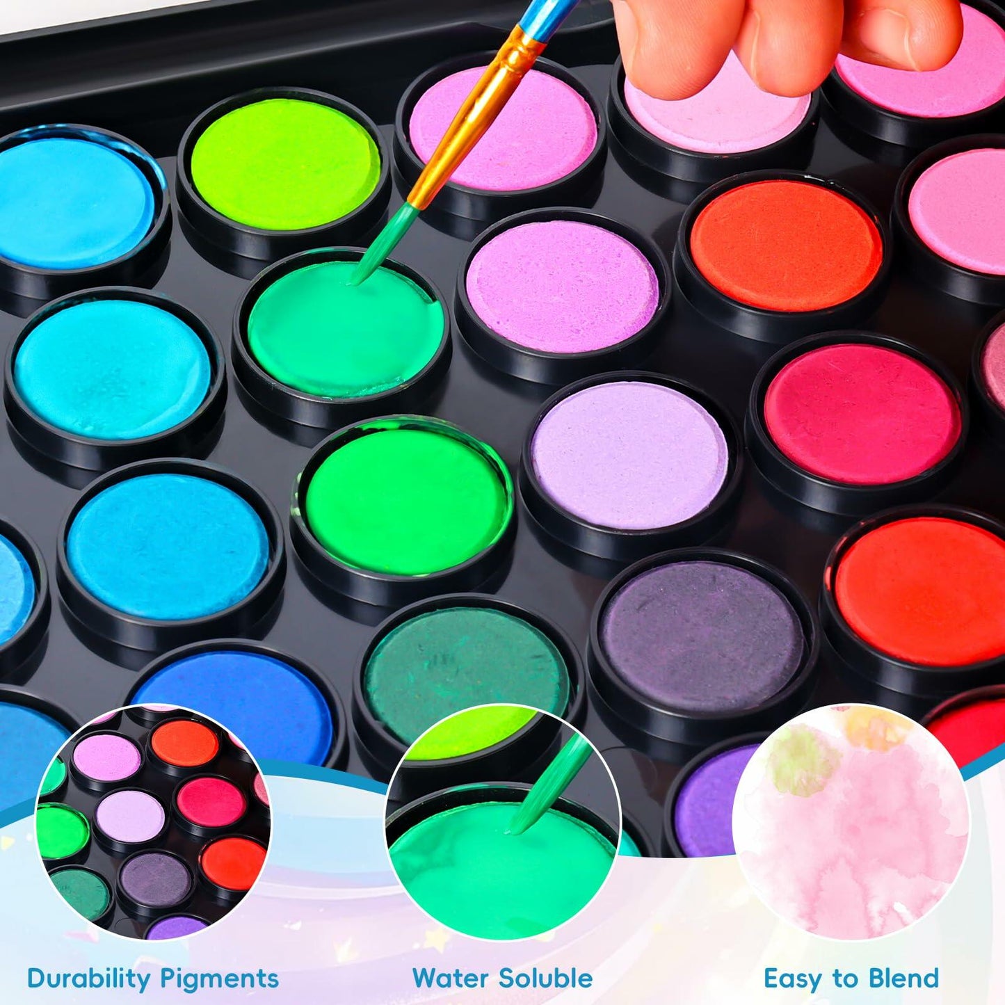 48 Color Solid Watercolor Paint Set with 3 Brushes for Kids & Artists