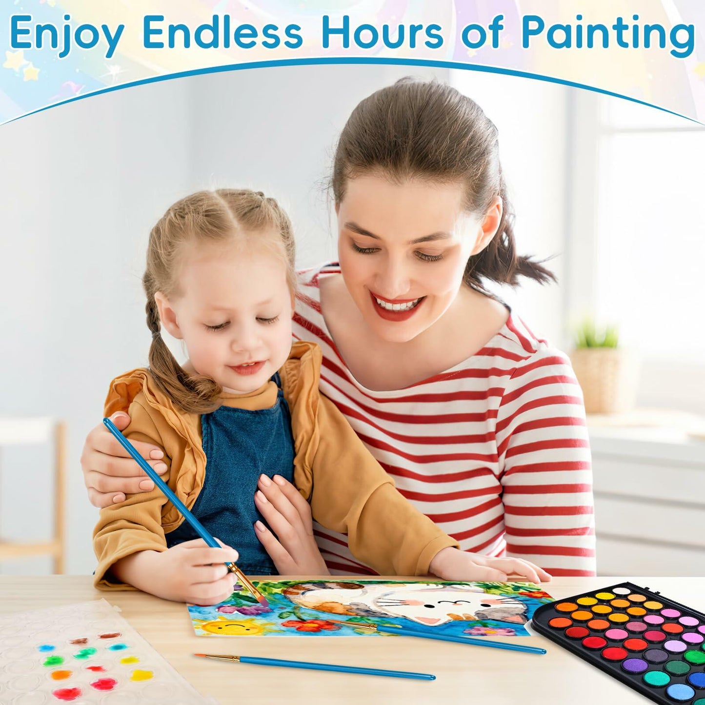 48 Color Solid Watercolor Paint Set with 3 Brushes for Kids & Artists