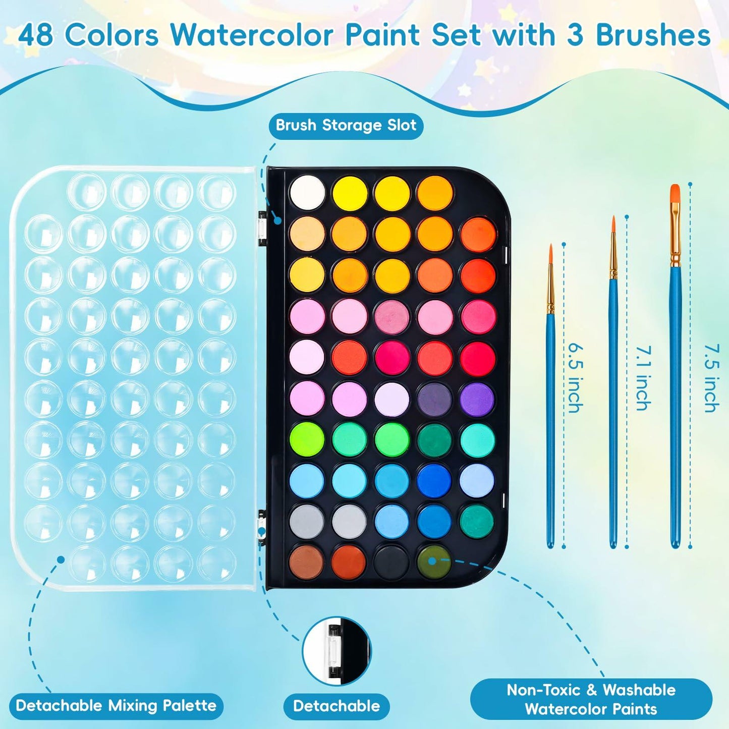 48 Color Solid Watercolor Paint Set with 3 Brushes for Kids & Artists