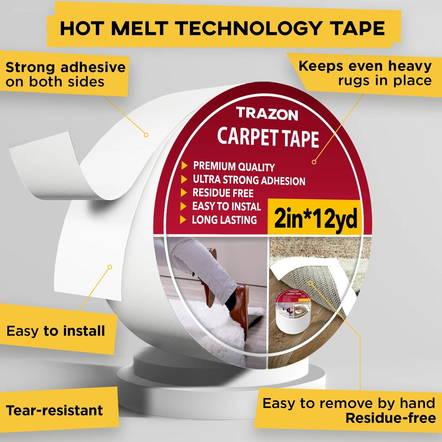 [Like New] Trazon Carpet Tape Double Sided Rug Grippers 2 Inch x 12 Yards White