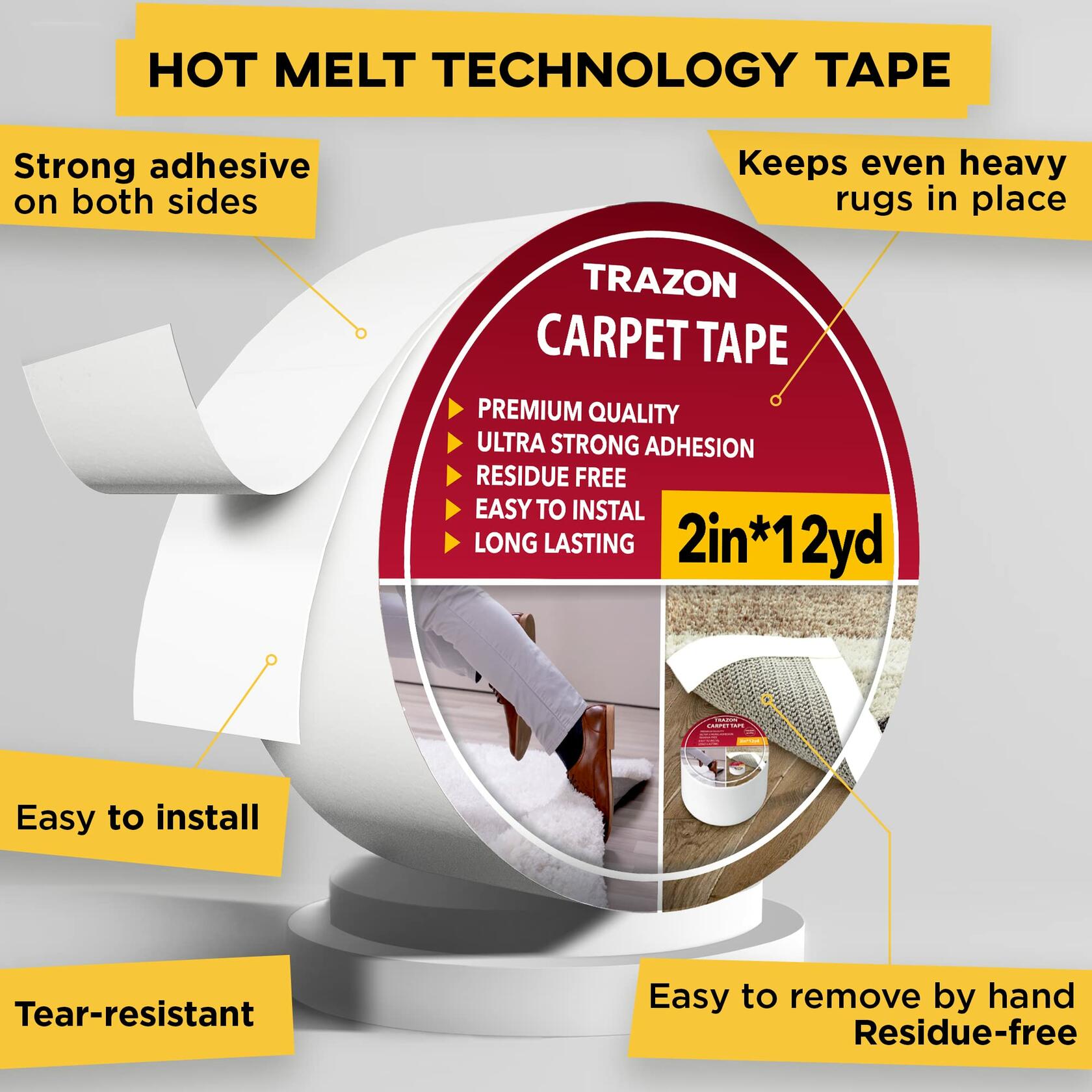 [Like New] Trazon Carpet Tape Double Sided Rug Grippers 2 Inch x 12 Yards White