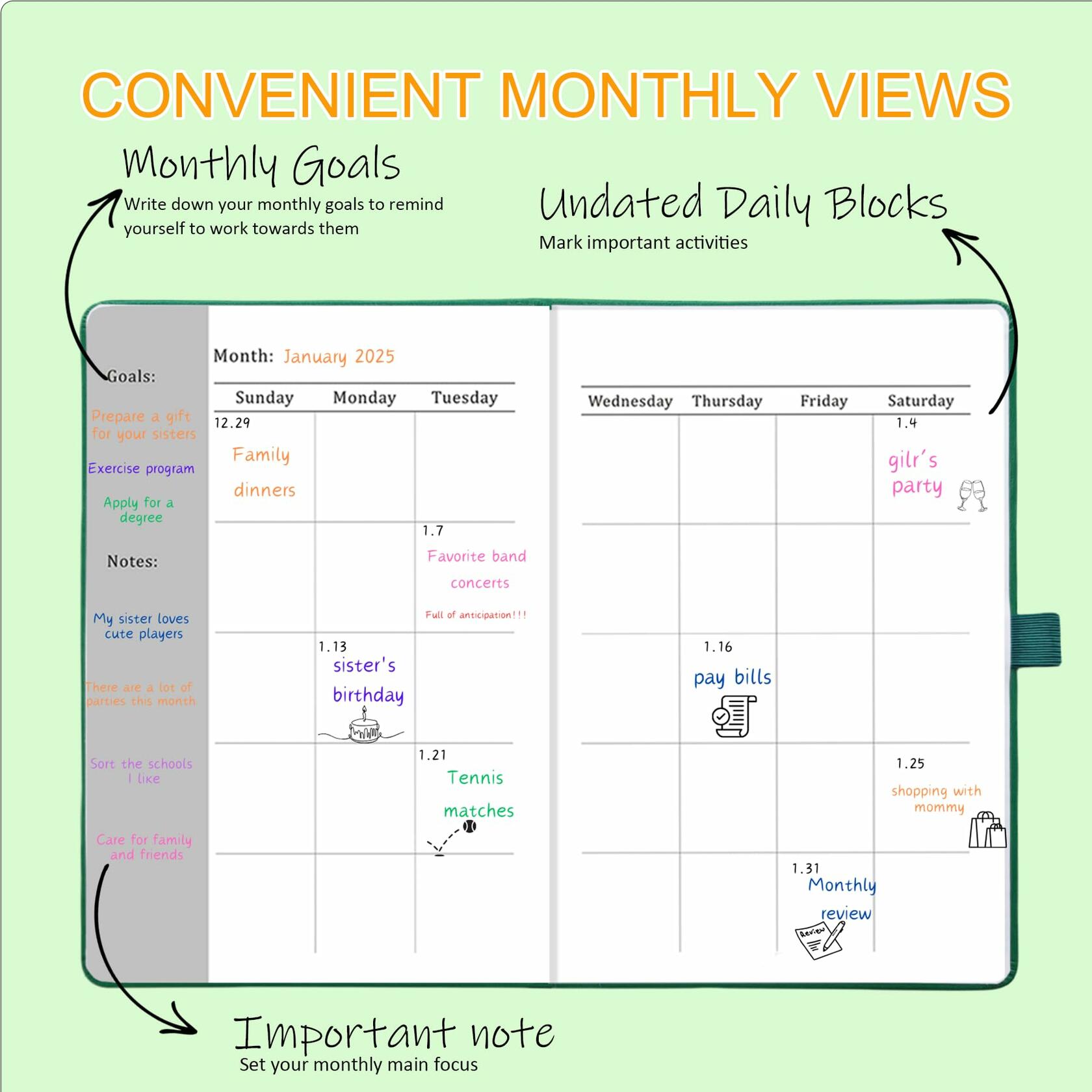 YOJO 2025 Undated A5 Weekly Planner with Goal & Habit Tracker Green