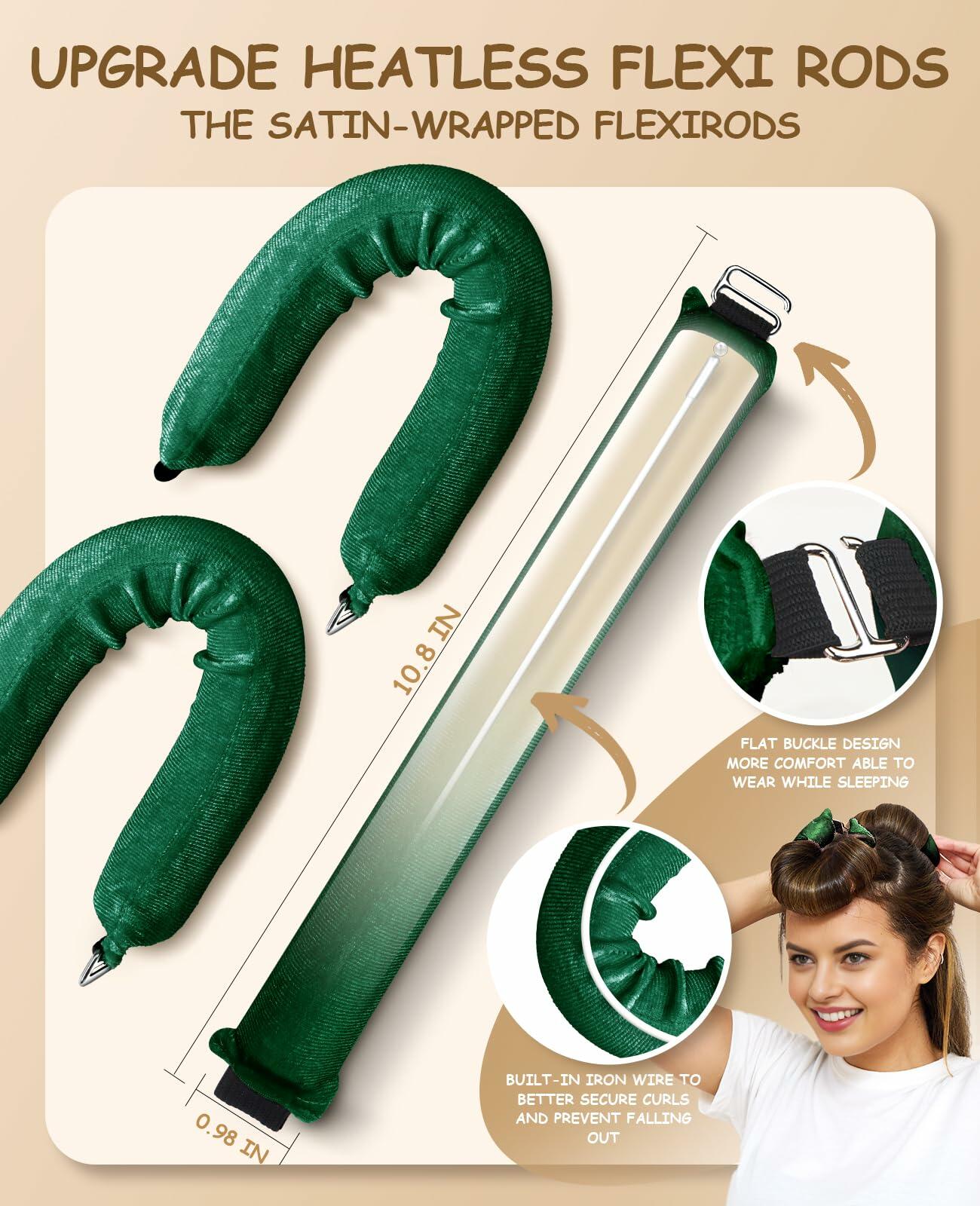 Overnight Heatless Hair Curlers Satin Velvet No Heat Jumbo Rods 3pcs Green