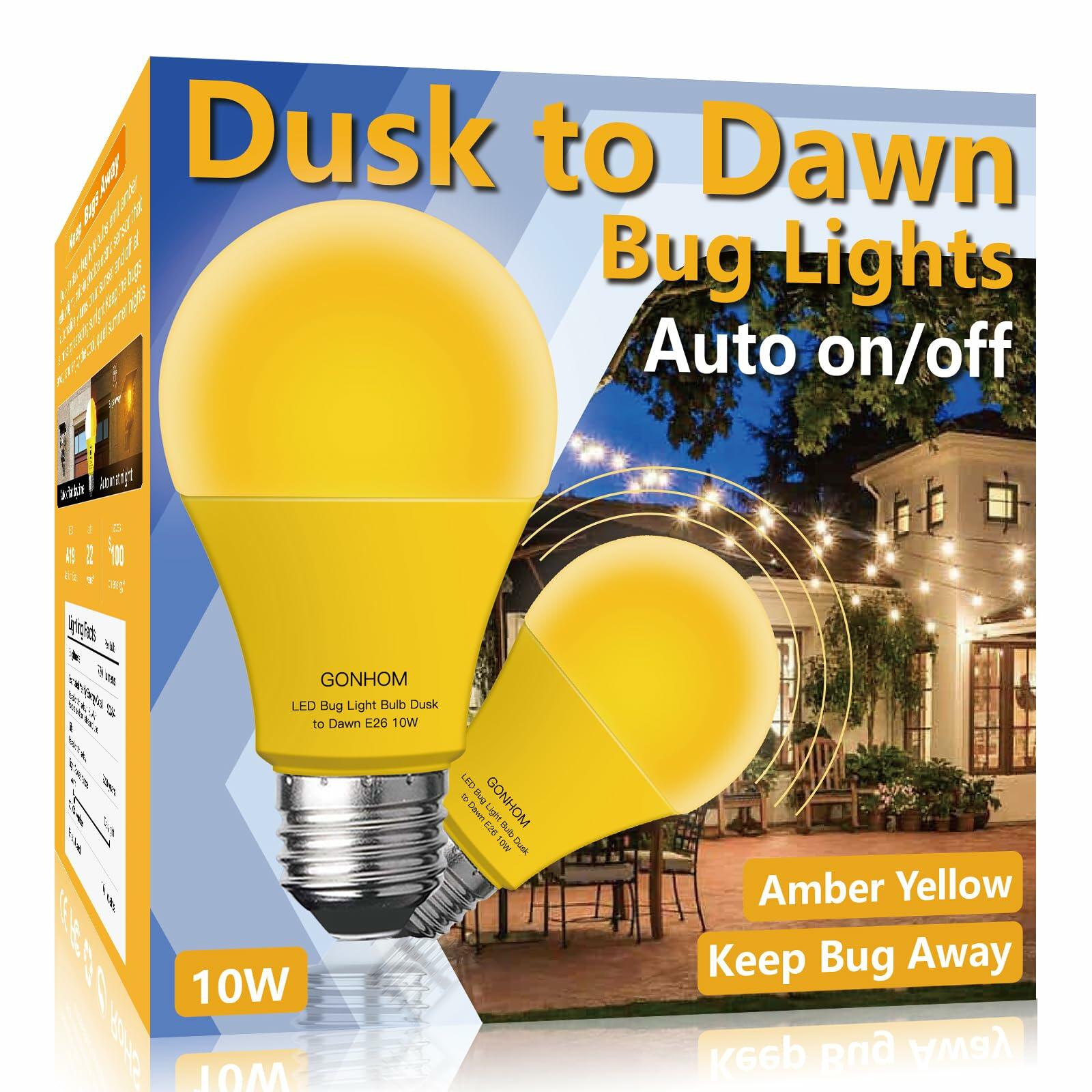 Gonhom Dusk to Dawn Bug Light Bulb Outdoor 10W Amber E26 Base 2 Pack