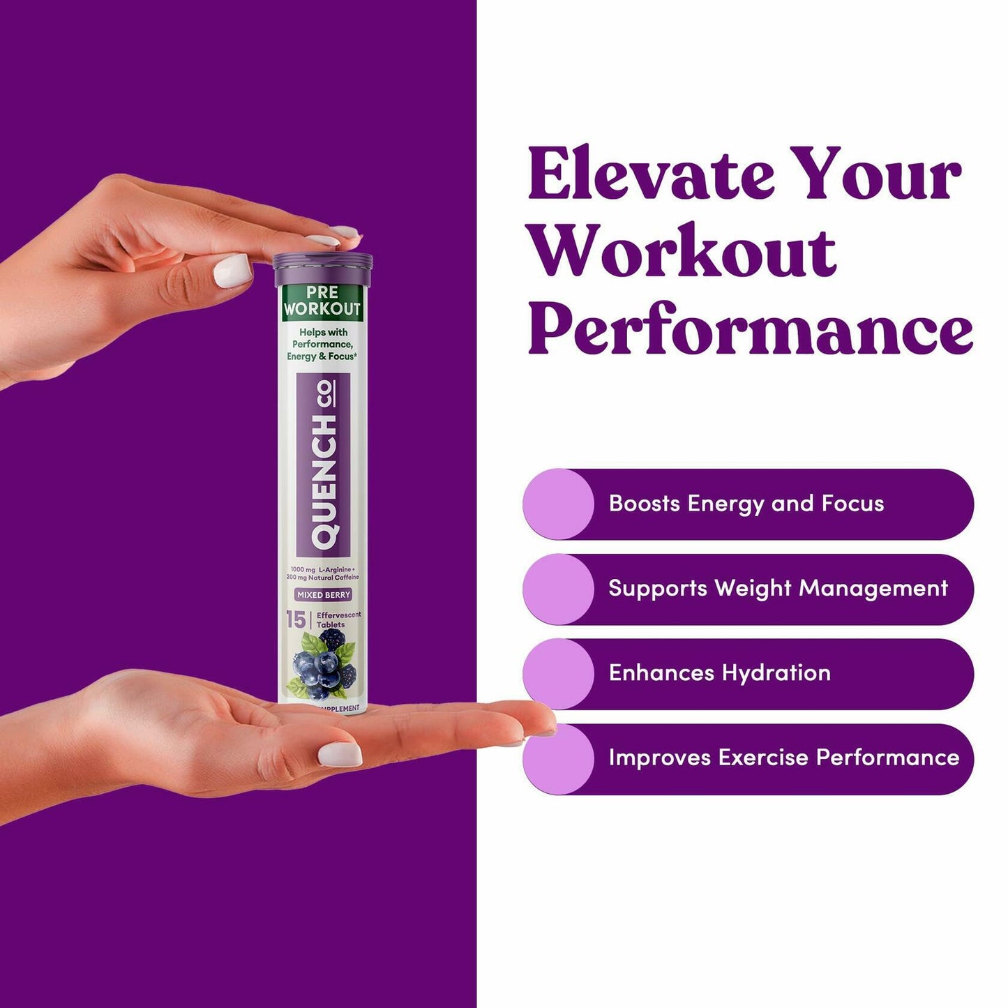 Quench Pre Workout Effervescent Tablets Vegan Keto 60 Count Mixed Berry