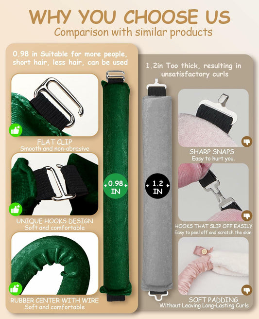 Overnight Heatless Hair Curlers Satin Velvet No Heat Jumbo Rods 3pcs Green