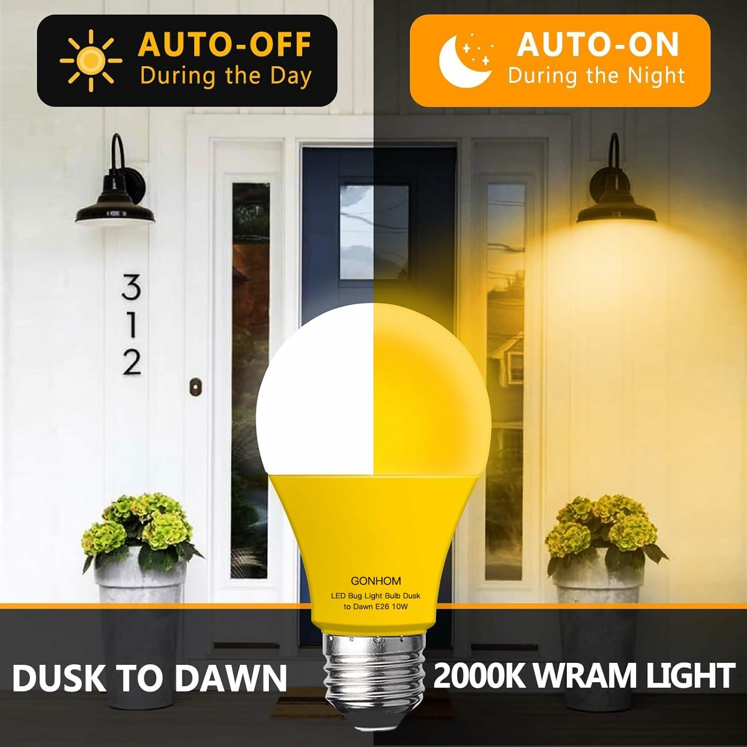 Gonhom Dusk to Dawn Bug Light Bulb Outdoor 10W Amber E26 Base 2 Pack