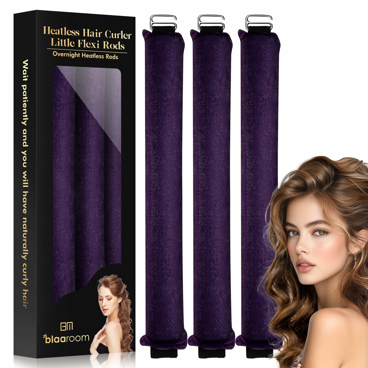 BLAAROOM Overnight Heatless Hair Curler Satin Velvet Jumbo Rods 3pcs Purple