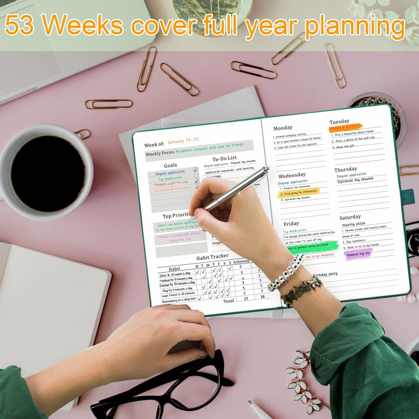 YOJO 2025 A5 Weekly Planner with Goal & Habit Tracker Pink