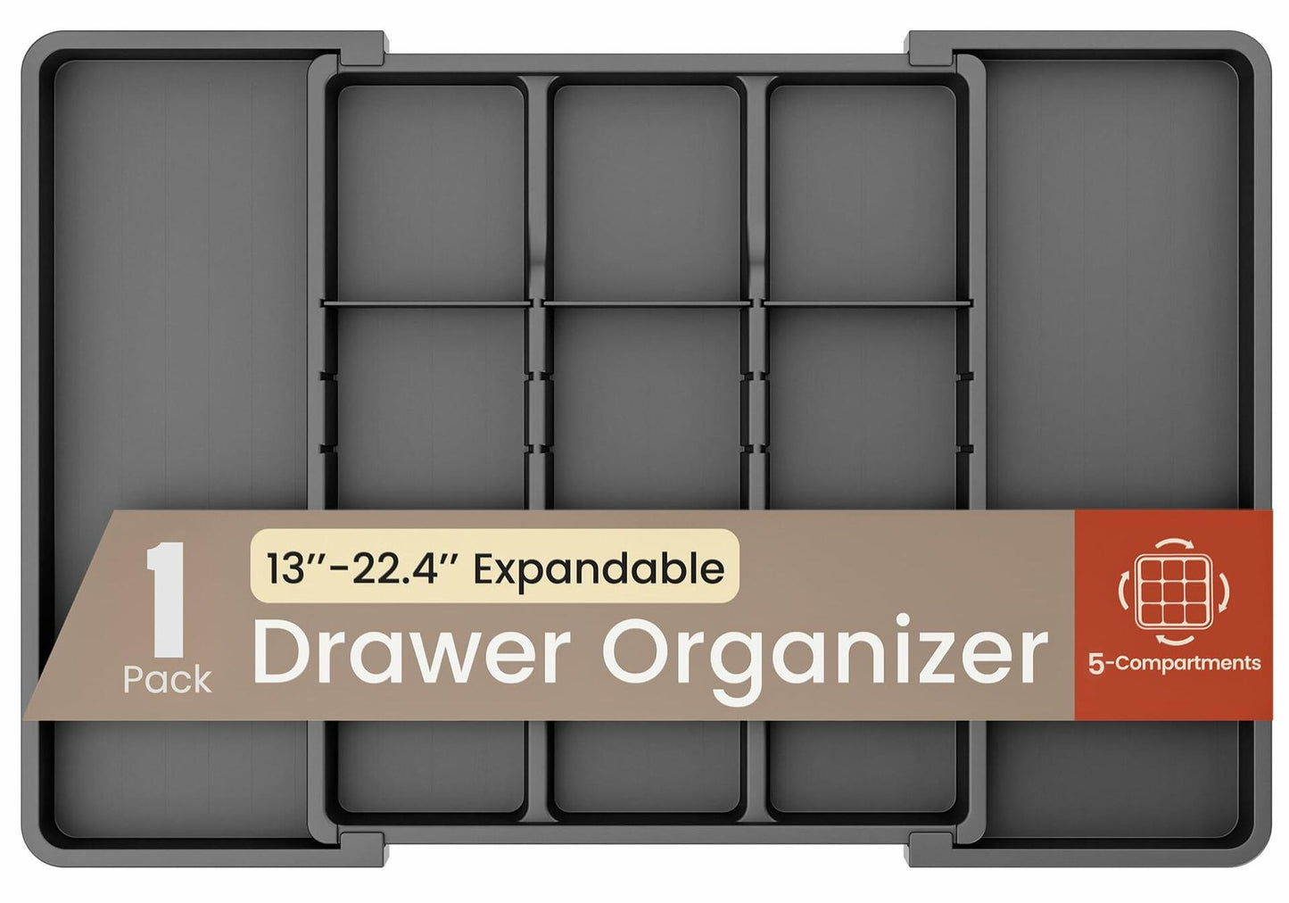 BAKKENMASTER Expandable Utensil Drawer Organizer 13-22.4" Black 5 Compartment