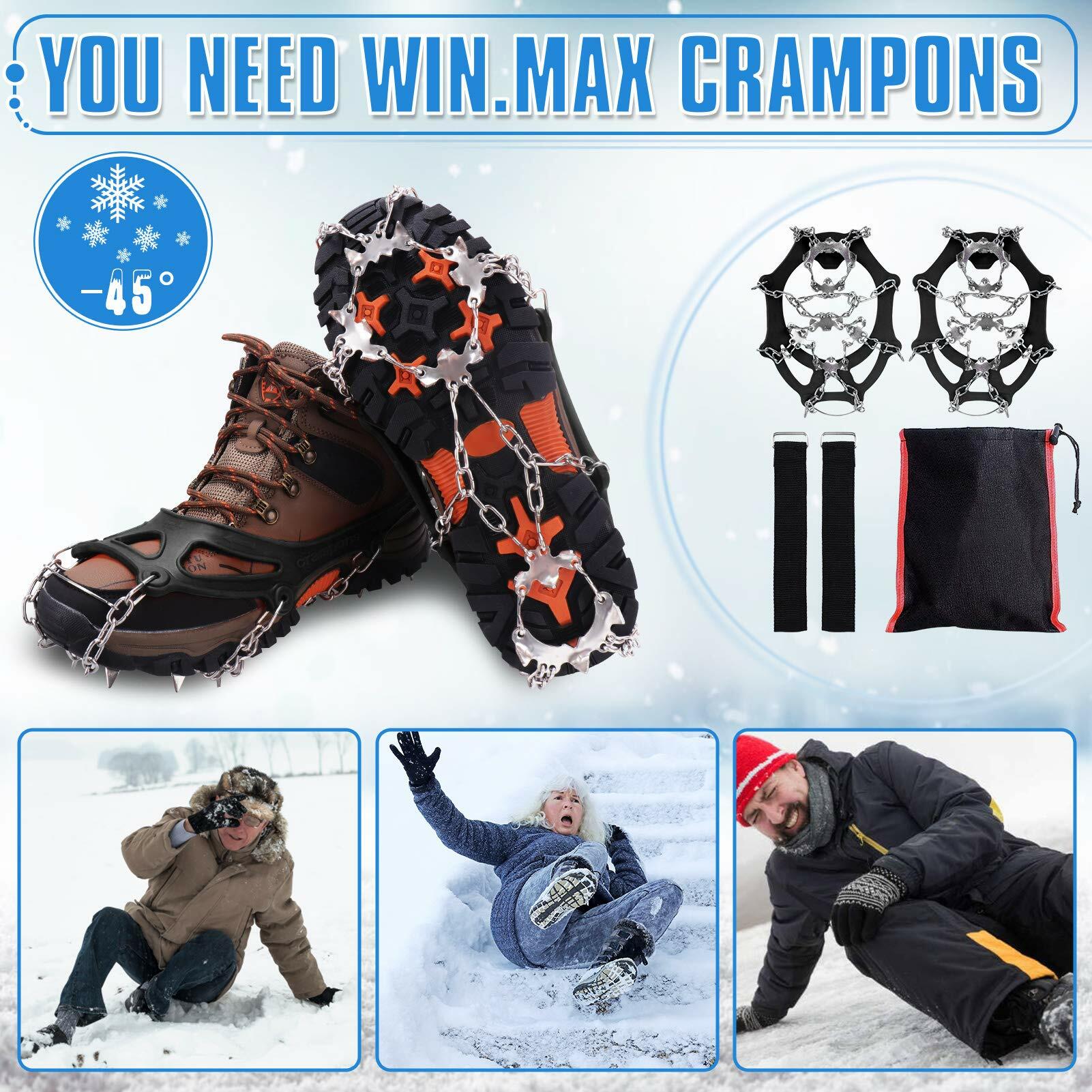 WIN.MAX Shoe Crampons 19 Steel Spikes Anti-Slip Traction Cleats Black Size L