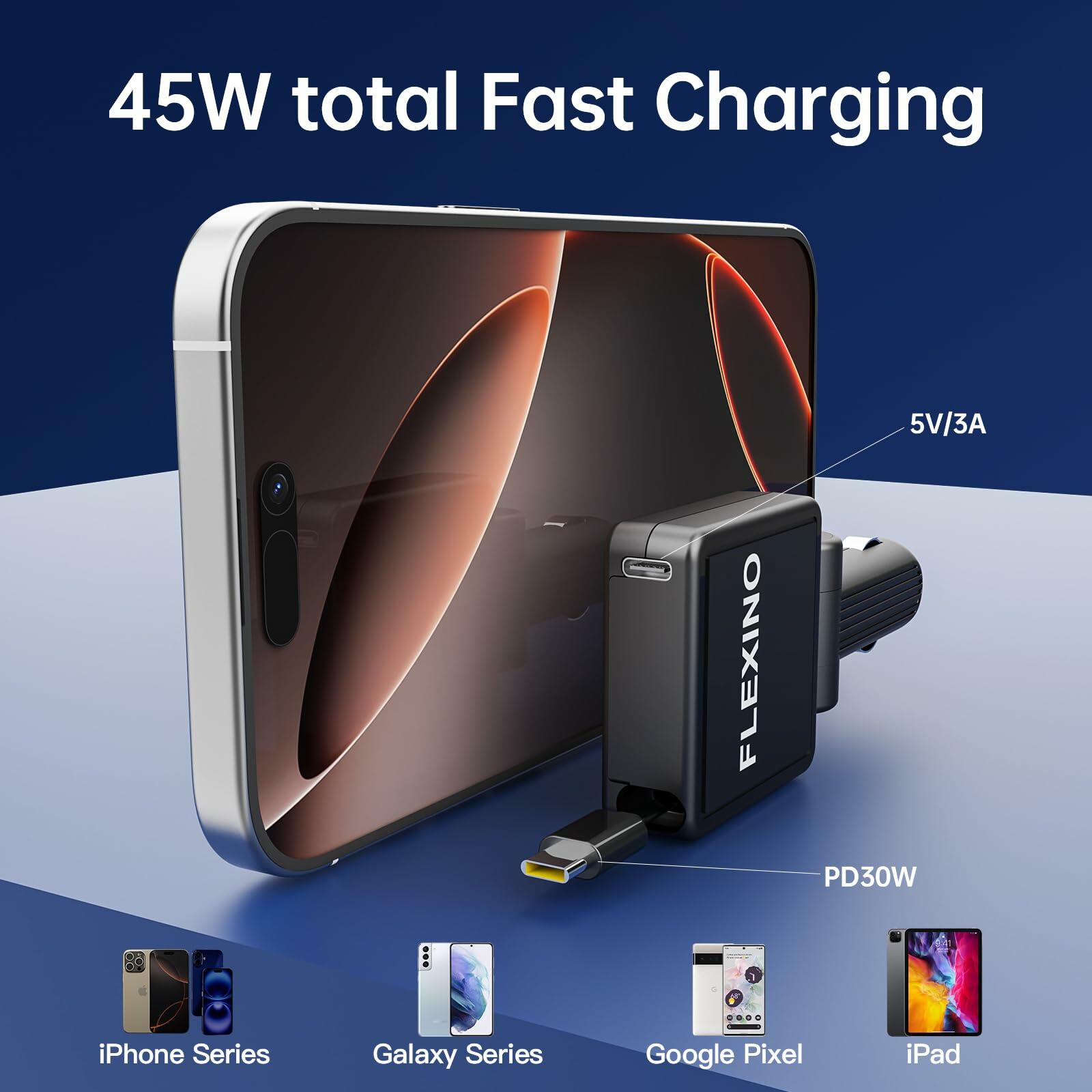 Flexino Ultra-Slim 3-Port USB C Car Charger Black 2 Pack for iPhone Galaxy Pixel