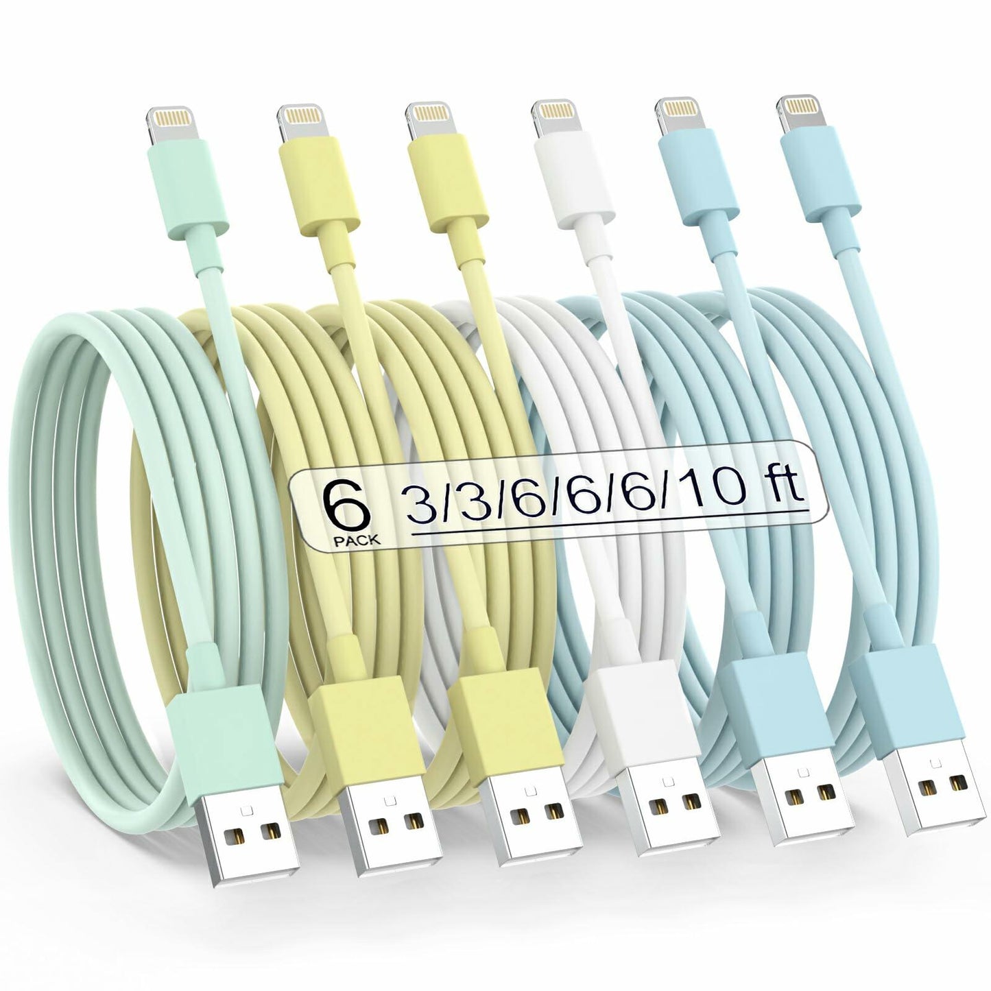 SISXSO 6Pack Apple MFi Lightning Cable Fast Charging Multicolor 3/3/6/6/6/10FT