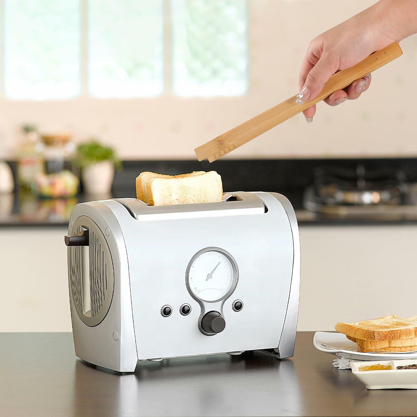 YIVCKOM Bamboo Toaster Tongs 8 Inch Natural Colour Wooden Kitchen Utensil