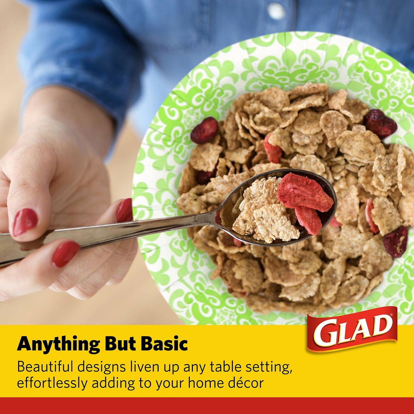 Glad Round Disposable Paper Bowls Green Victorian Design 16oz 15ct 6 Pack