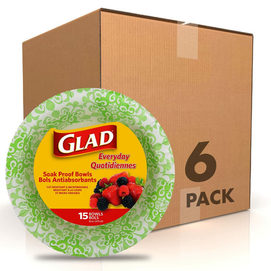 Glad Round Disposable Paper Bowls Green Victorian Design 16oz 15ct 6 Pack