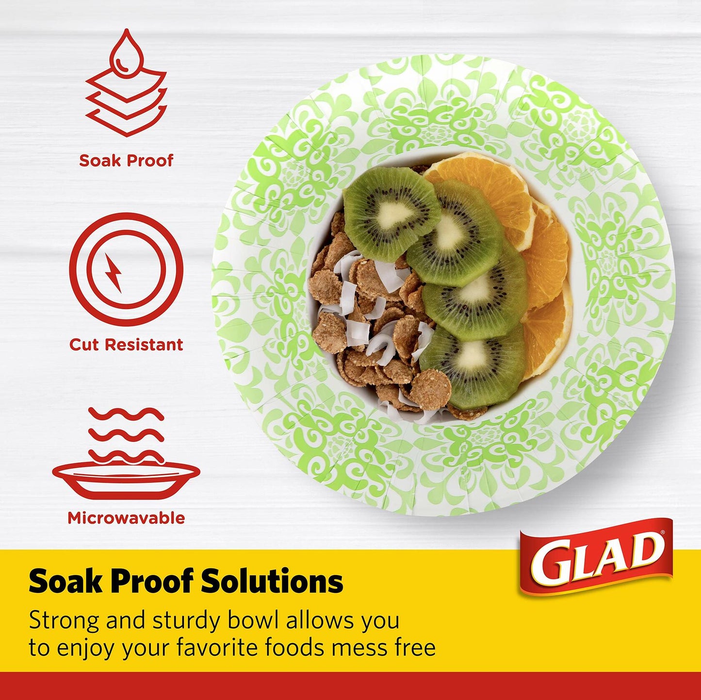 Glad Round Disposable Paper Bowls Green Victorian Design 16oz 15ct 6 Pack