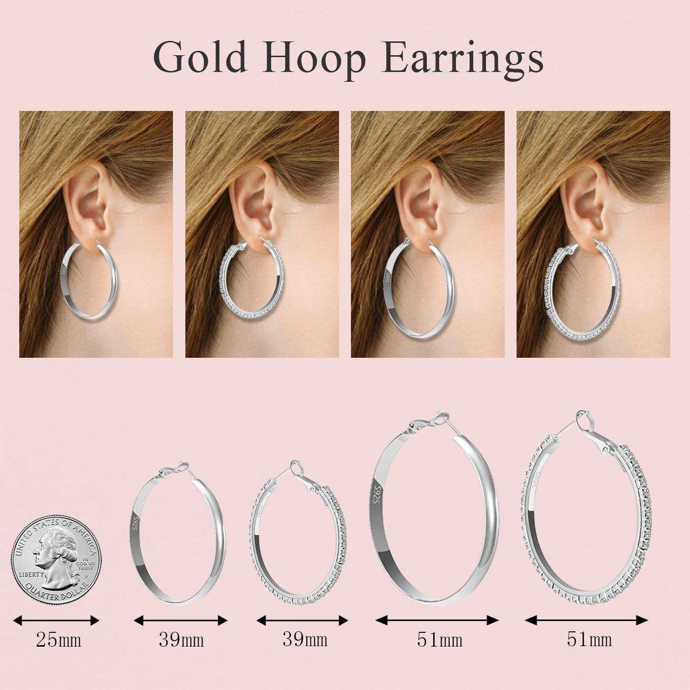 fcaylo 925 Sterling Silver Gold Hoop Earrings Lightweight Hypoallergenic 40mm