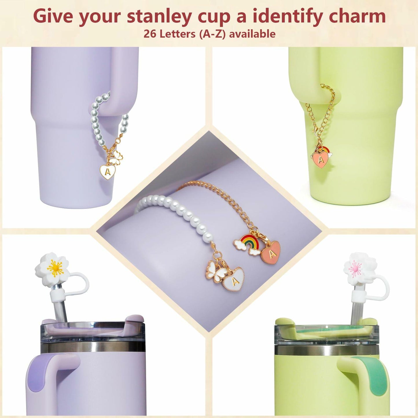 veluvonas Stanley Cup Straw Cover 30&40oz 10mm 2PCS + Letter A Charms