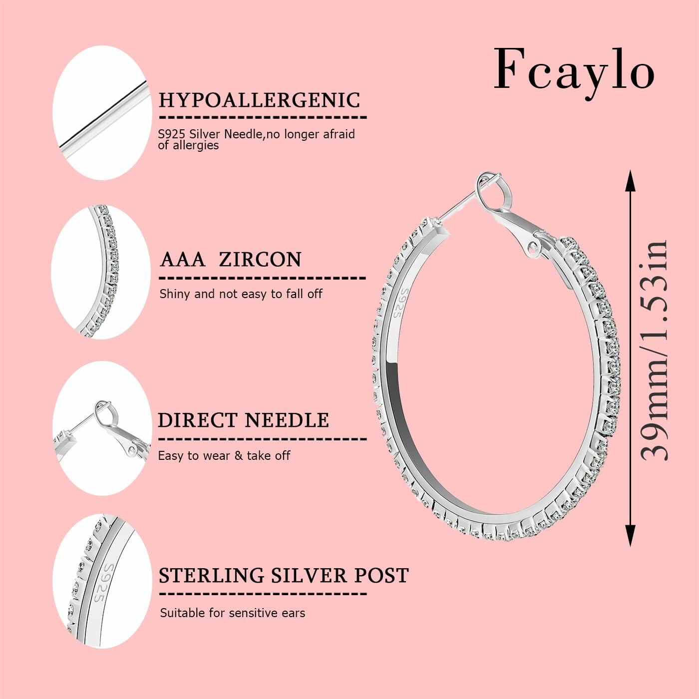 fcaylo 925 Sterling Silver Gold Hoop Earrings Lightweight Hypoallergenic 40mm