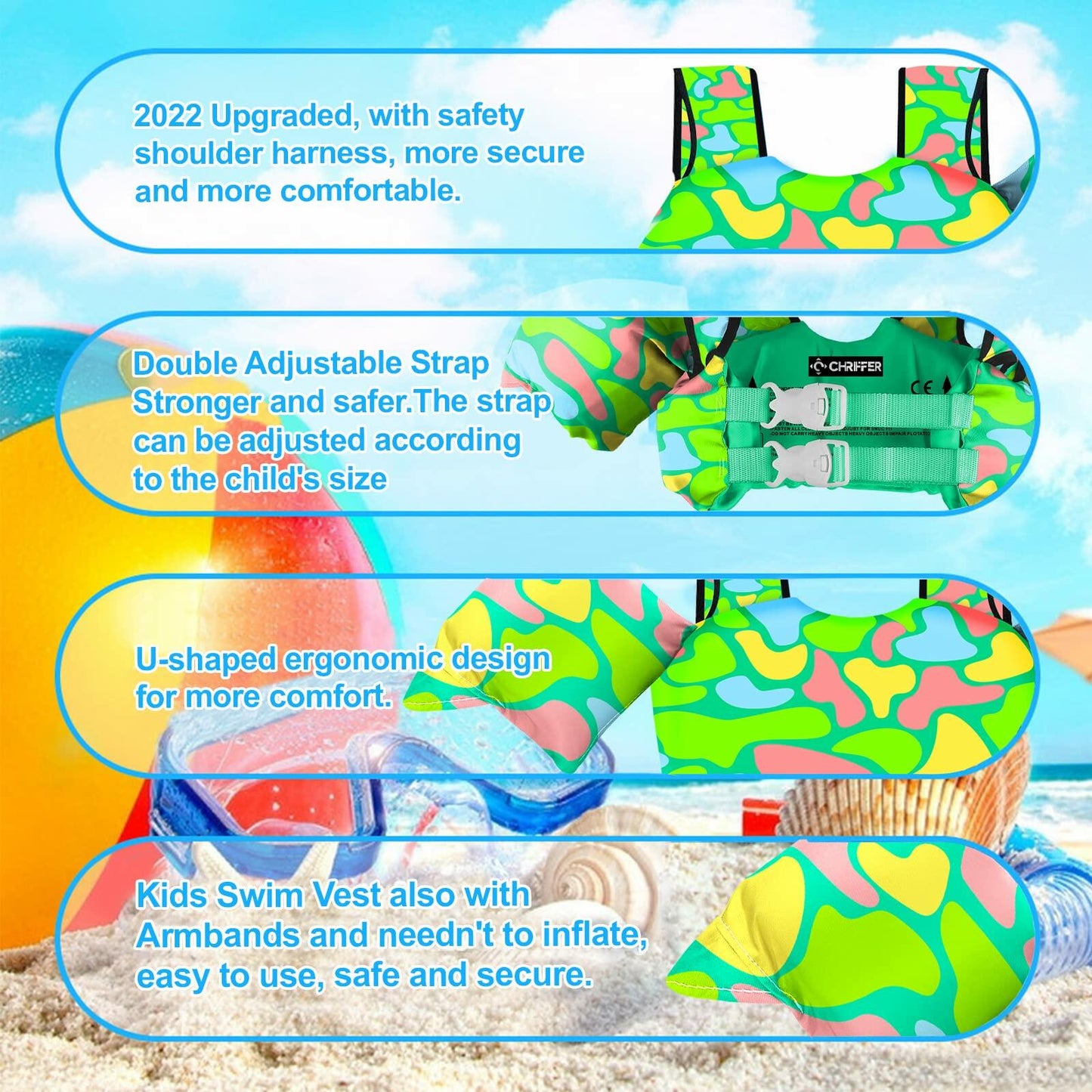 Chriffer Kids Swim Vest 30-55lbs Toddler Life Jacket Floaties Arm Wings