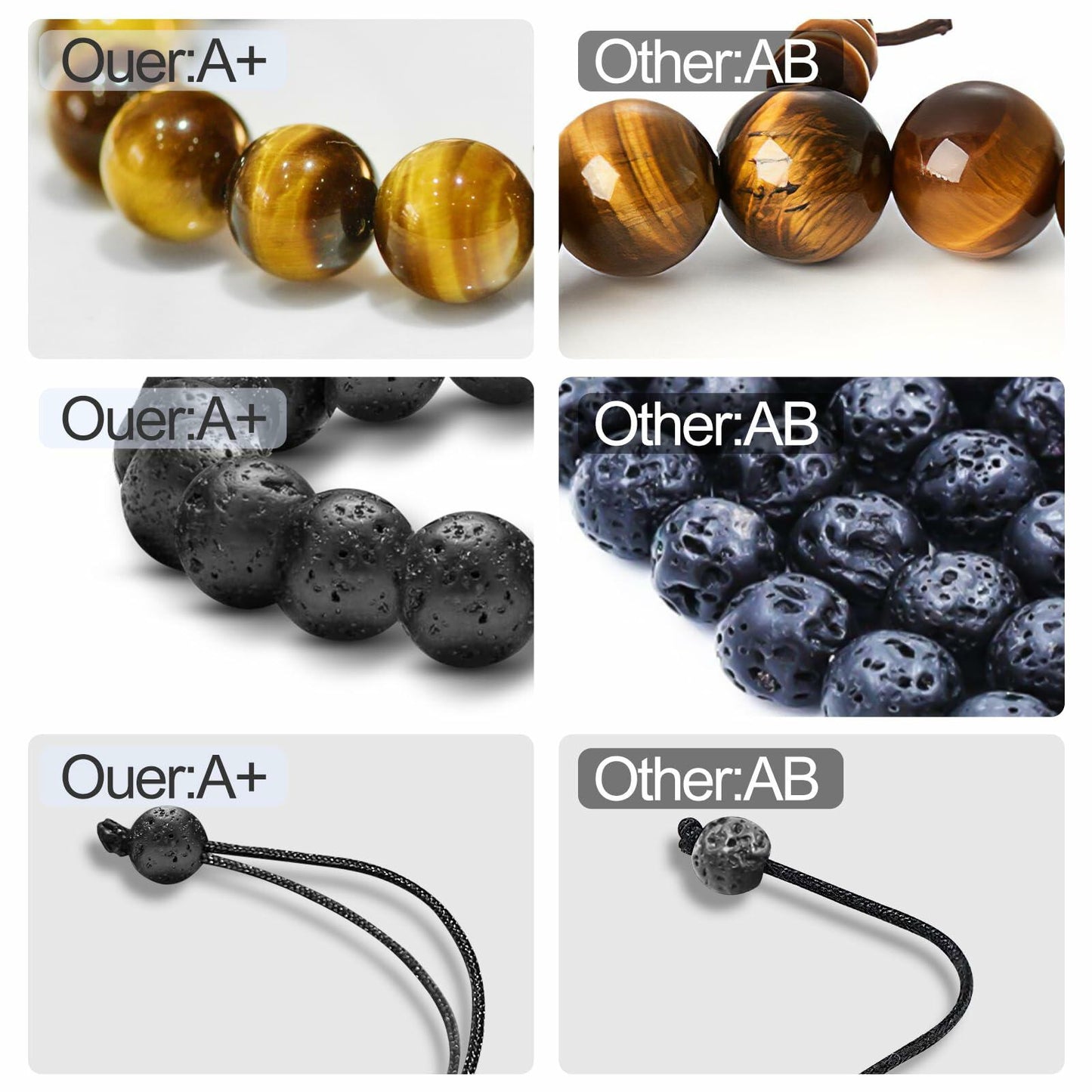 M SHUYUN Tiger Eye Men's Adjustable 8mm Beaded Lava Rock Bracelet