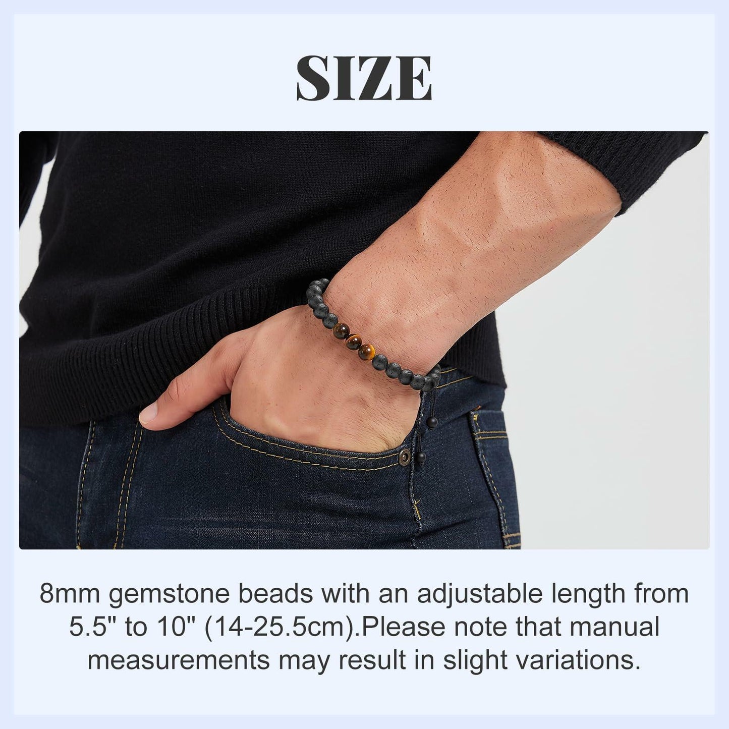 M SHUYUN Tiger Eye Men's Adjustable 8mm Beaded Lava Rock Bracelet