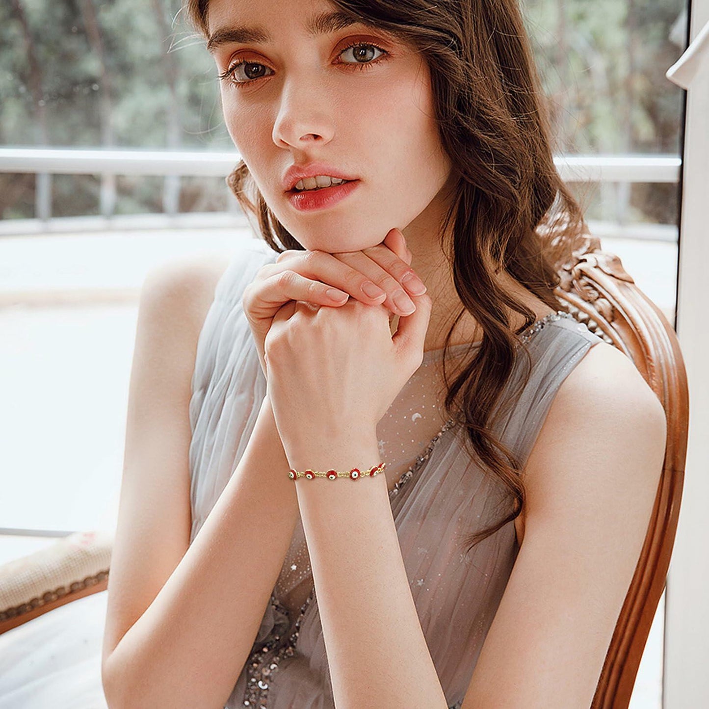 LETAJOY 14k Gold Evil Eye Bracelet Women Red Eyes Rope Chain 8.26"