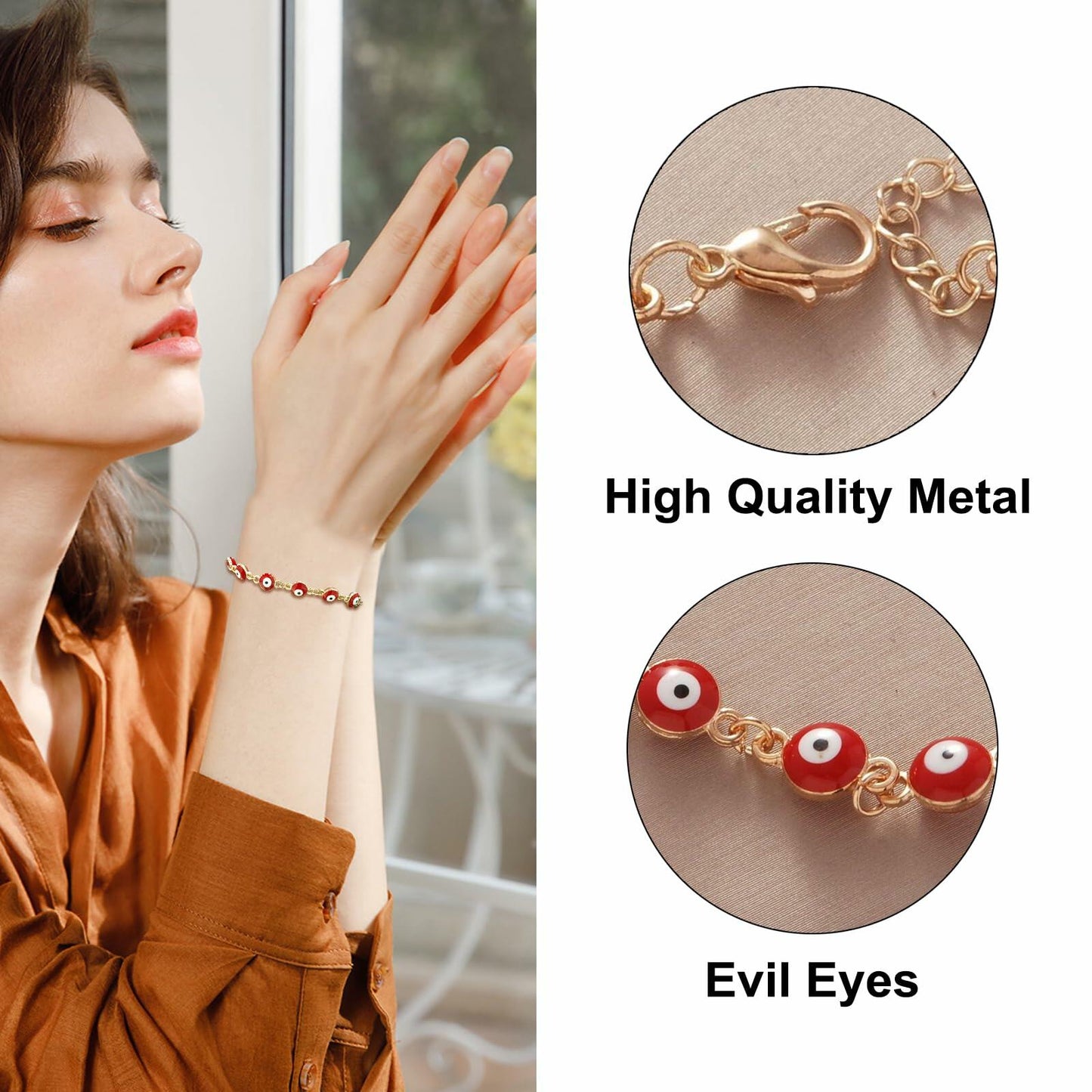 LETAJOY 14k Gold Evil Eye Bracelet Women Red Eyes Rope Chain 8.26"