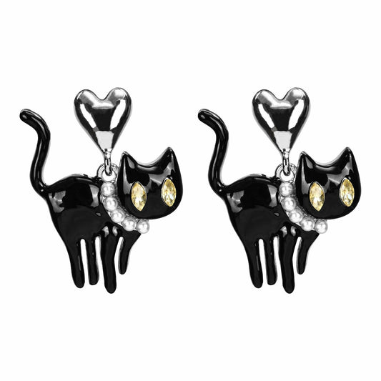 OFGOT7 Black Cat Halloween Pearl Dangle Earrings Metal Jewelry for Women