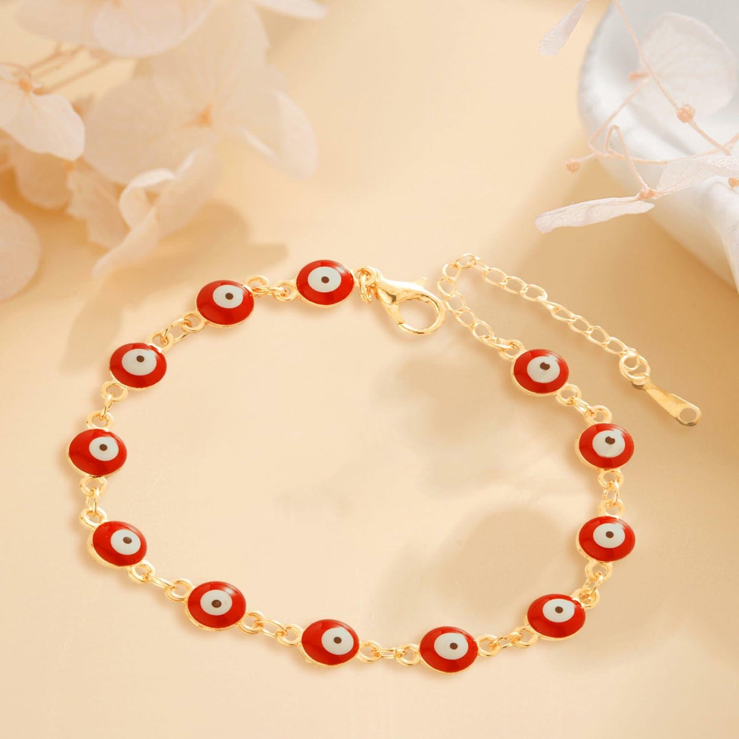 LETAJOY 14k Gold Evil Eye Bracelet Women Red Eyes Rope Chain 8.26"