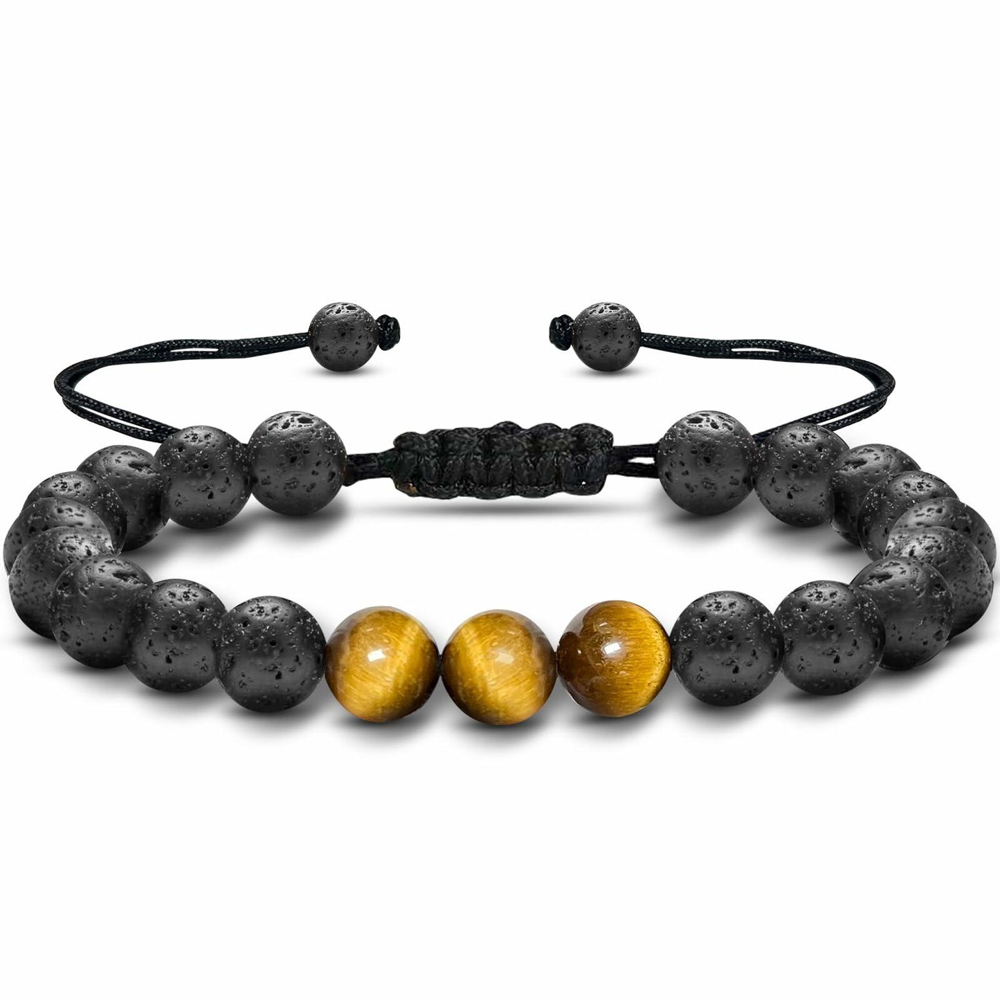 M SHUYUN Tiger Eye Men's Adjustable 8mm Beaded Lava Rock Bracelet