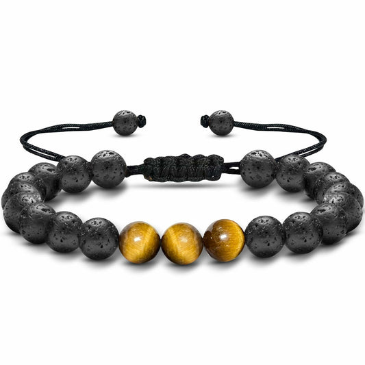 M SHUYUN Tiger Eye Men's Adjustable 8mm Beaded Lava Rock Bracelet