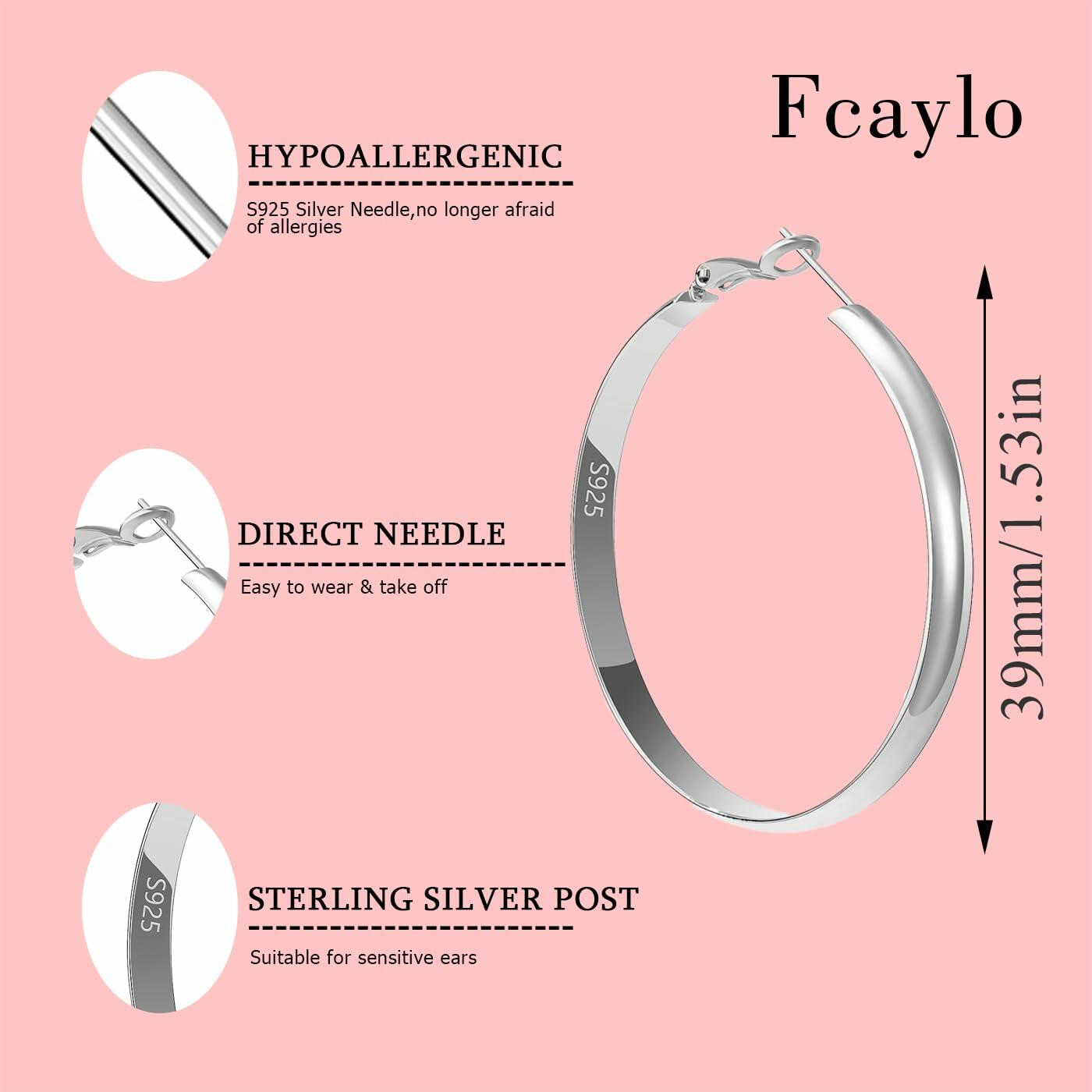 fcaylo 925 Sterling Silver Gold Hoop Earrings Lightweight Hypoallergenic 40mm