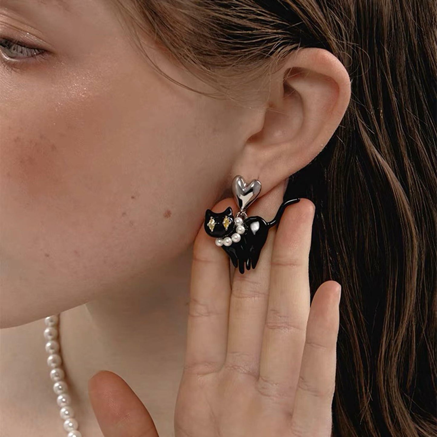 OFGOT7 Black Cat Halloween Pearl Dangle Earrings Metal Jewelry for Women