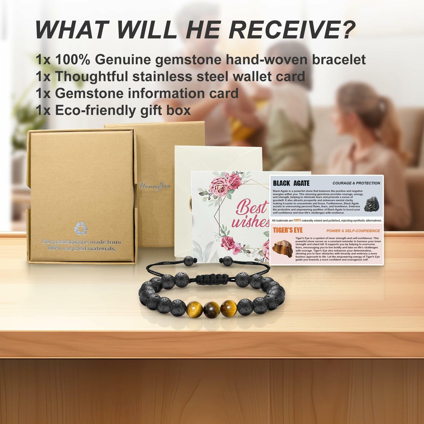 M SHUYUN Tiger Eye Men's Adjustable 8mm Beaded Lava Rock Bracelet