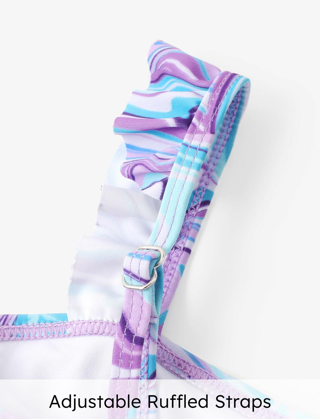 PATPAT Girls 3pcs Swimsuit Set Floral Bikini w/ Cover Up Skirt 7-8Y Blue