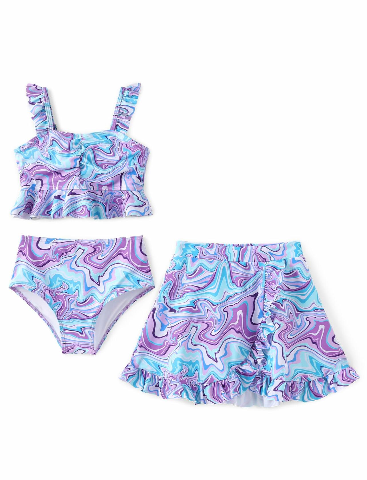 PATPAT Girls 3pcs Swimsuit Set Floral Bikini w/ Cover Up Skirt 7-8Y Blue