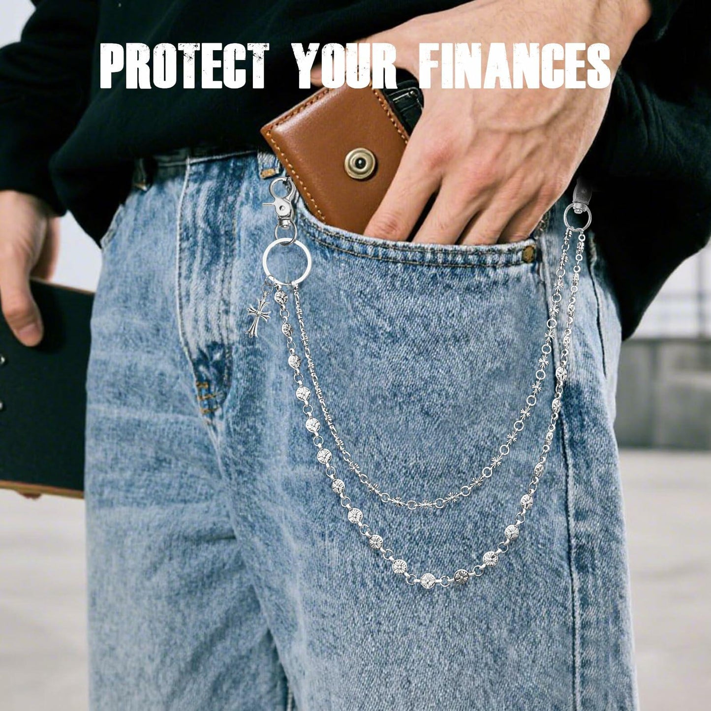 Miglaja Men's Double Clover Cross Wallet Chain Punk Silver