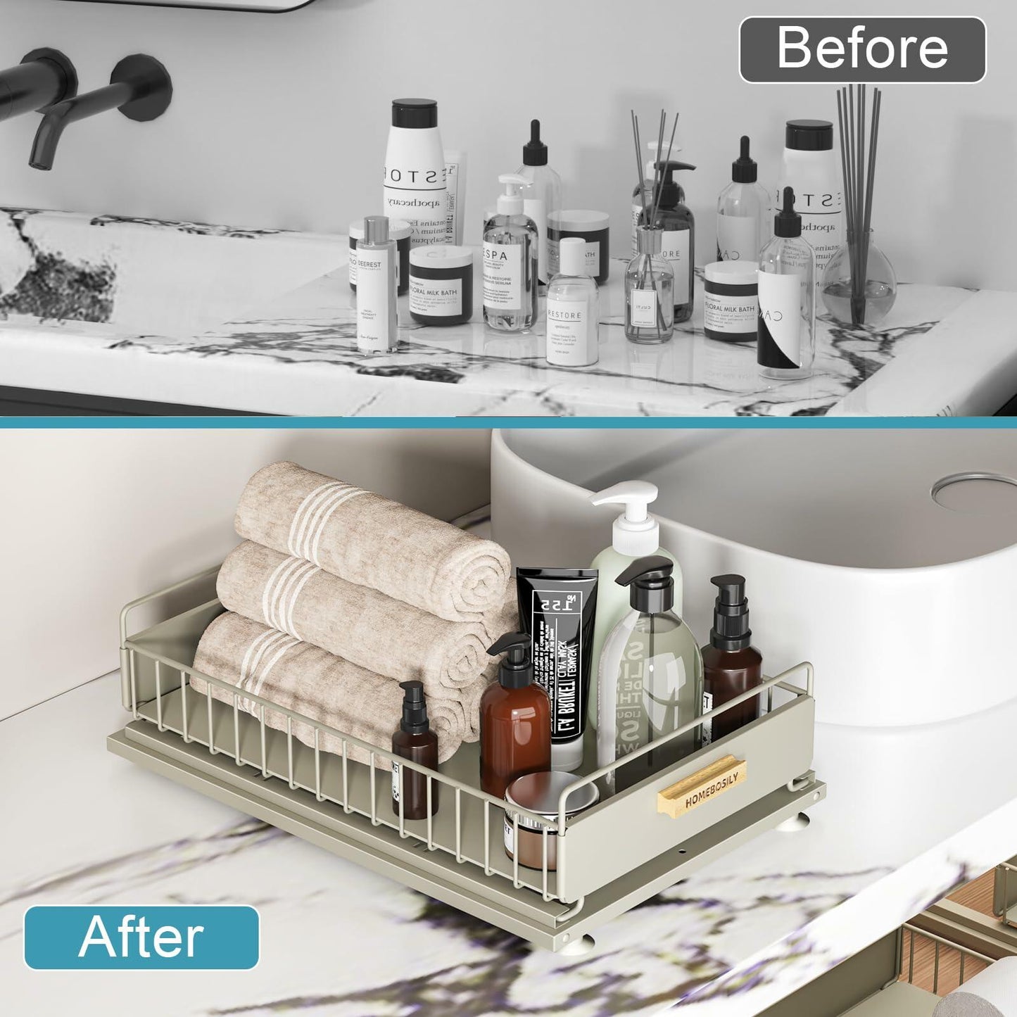 HOMEBOSILY Under Sink Organizer Cabinet Storage Shelf Sliding Drawer Gray