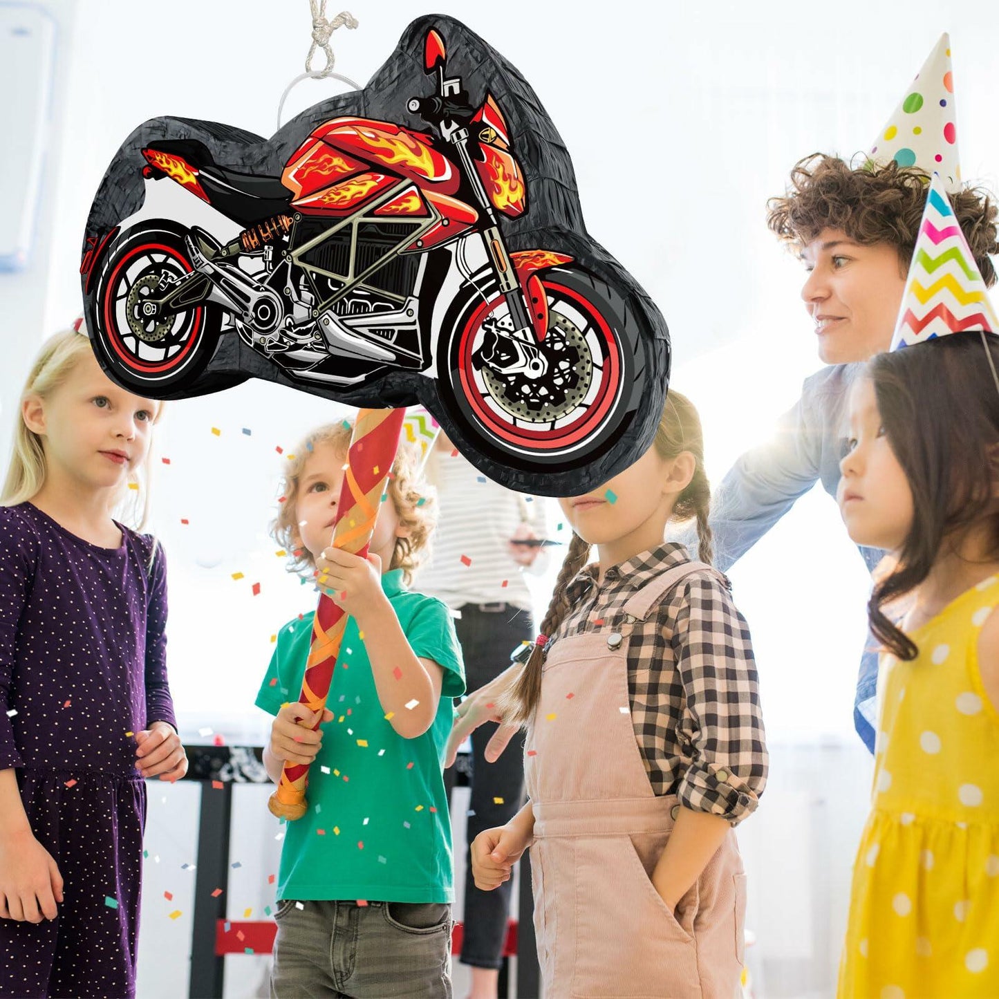 Atiloy Motorcycle Pinata with Stick & Hanging Loop Red Birthday Party