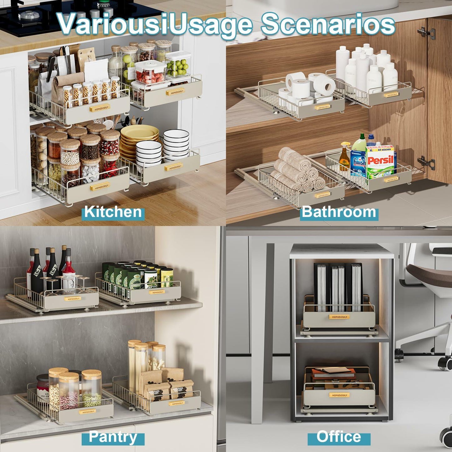 HOMEBOSILY Under Sink Organizer Cabinet Storage Shelf Sliding Drawer Gray