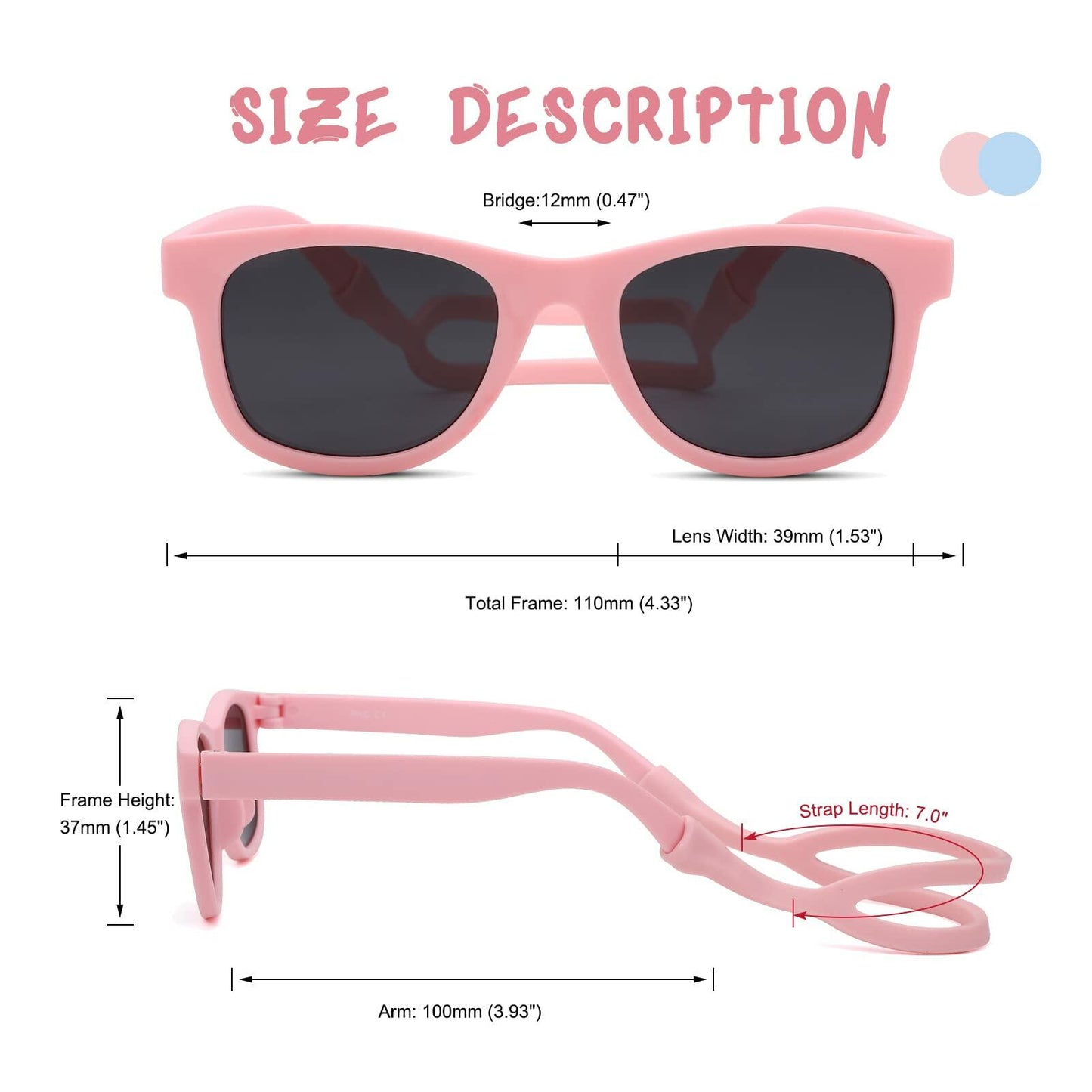 COASION Baby Sunglasses Polarized Flexible Strap Infant 0-12M Pink Grey