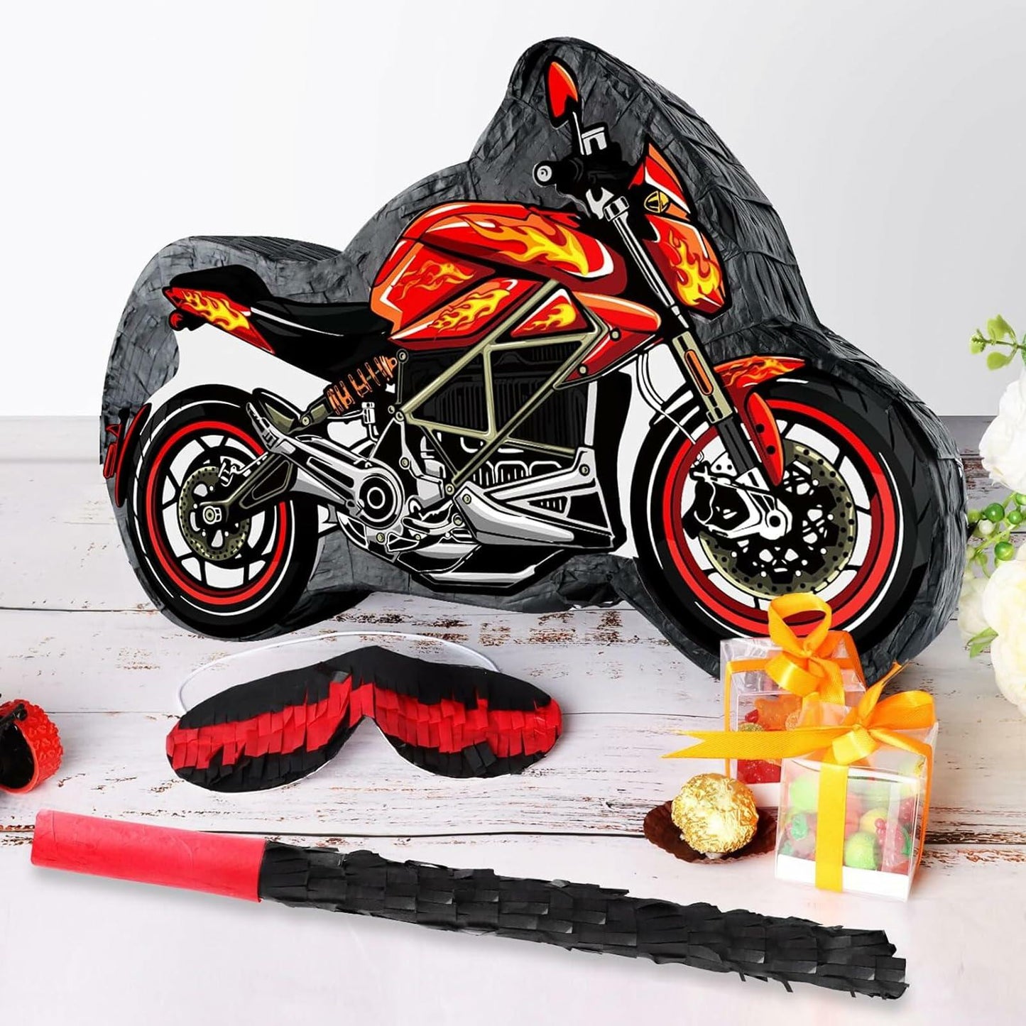 Atiloy Motorcycle Pinata with Stick & Hanging Loop Red Birthday Party