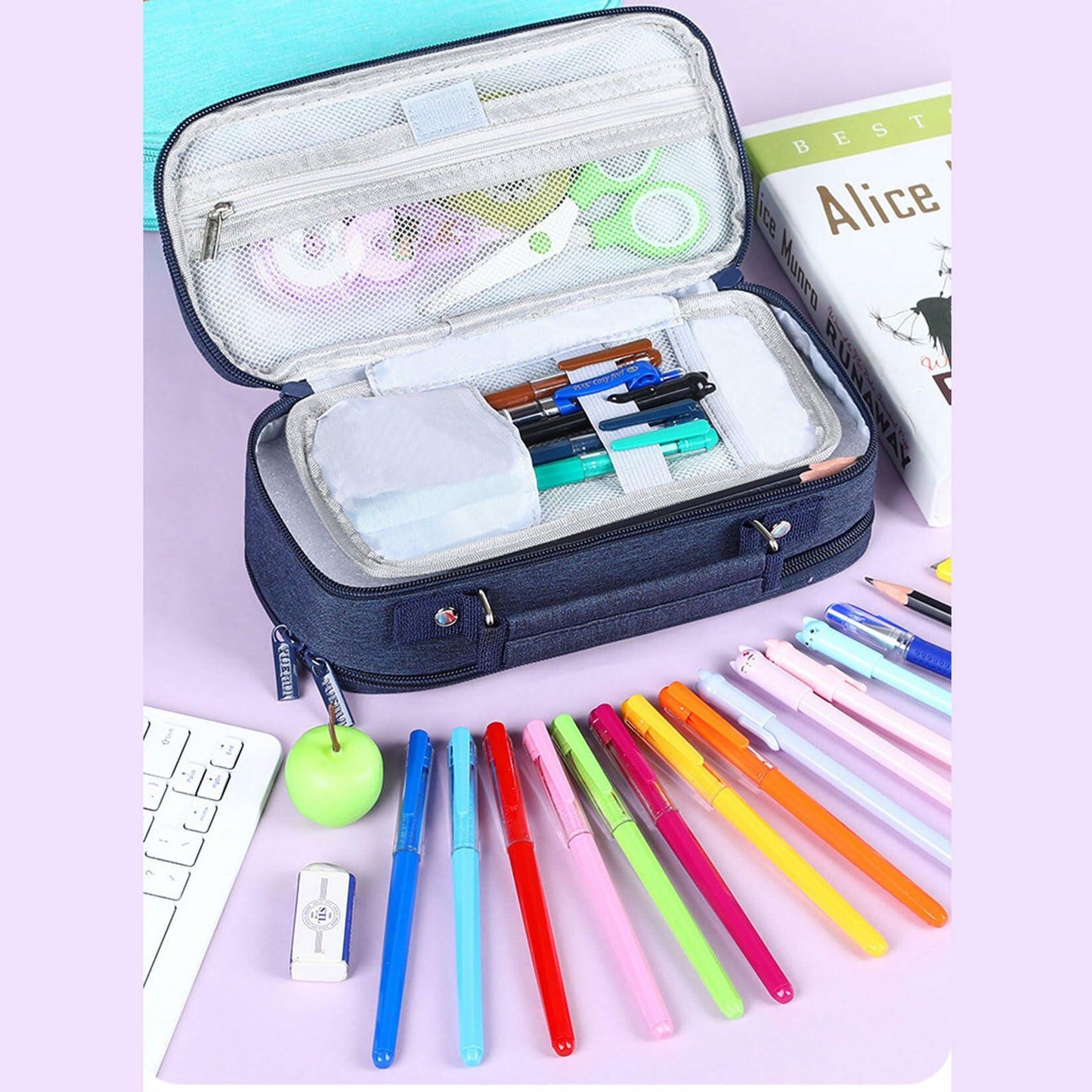 KEBEIXUAN Canvas Pencil Case Large Capacity Zipper Organizer Pink