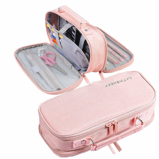 KEBEIXUAN Canvas Pencil Case Large Capacity Zipper Organizer Pink