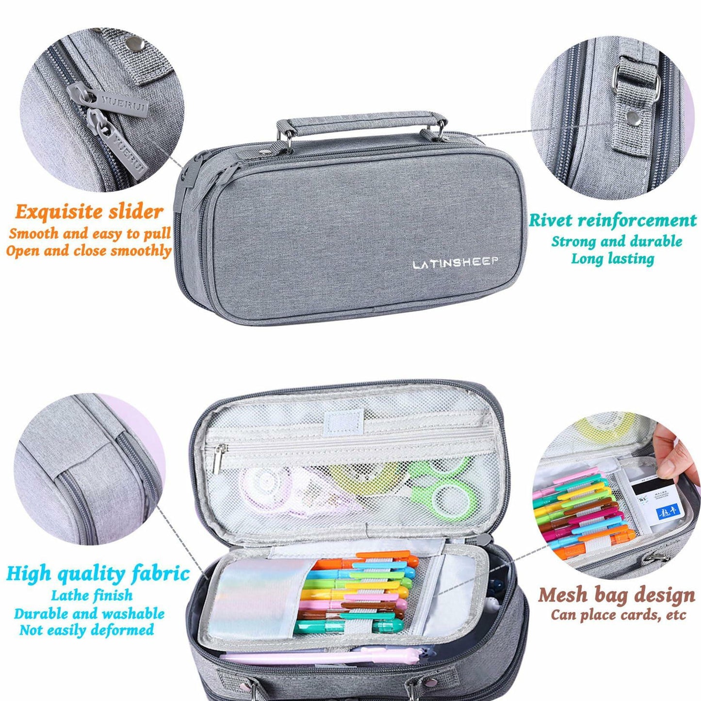 KEBEIXUAN Canvas Pencil Case Large Capacity Zipper Organizer Pink