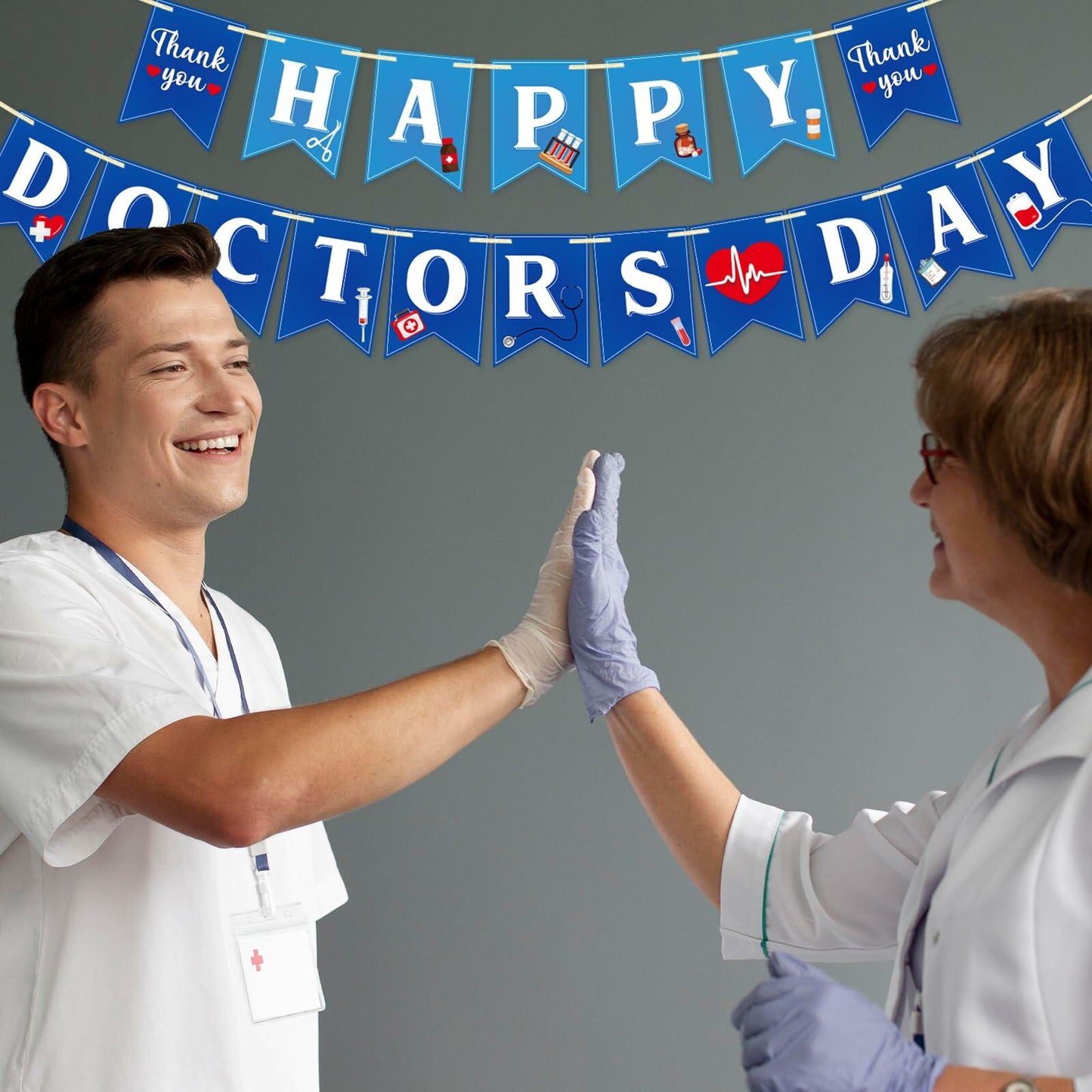 Qttier National Doctor's Day Banner Blue Cardstock Pre-strung Party Decor